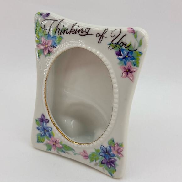 Vintage Porcelain Tabletop Picture Frame "Thinking of You" Blue & Purple Florals - Picture 3 of 6